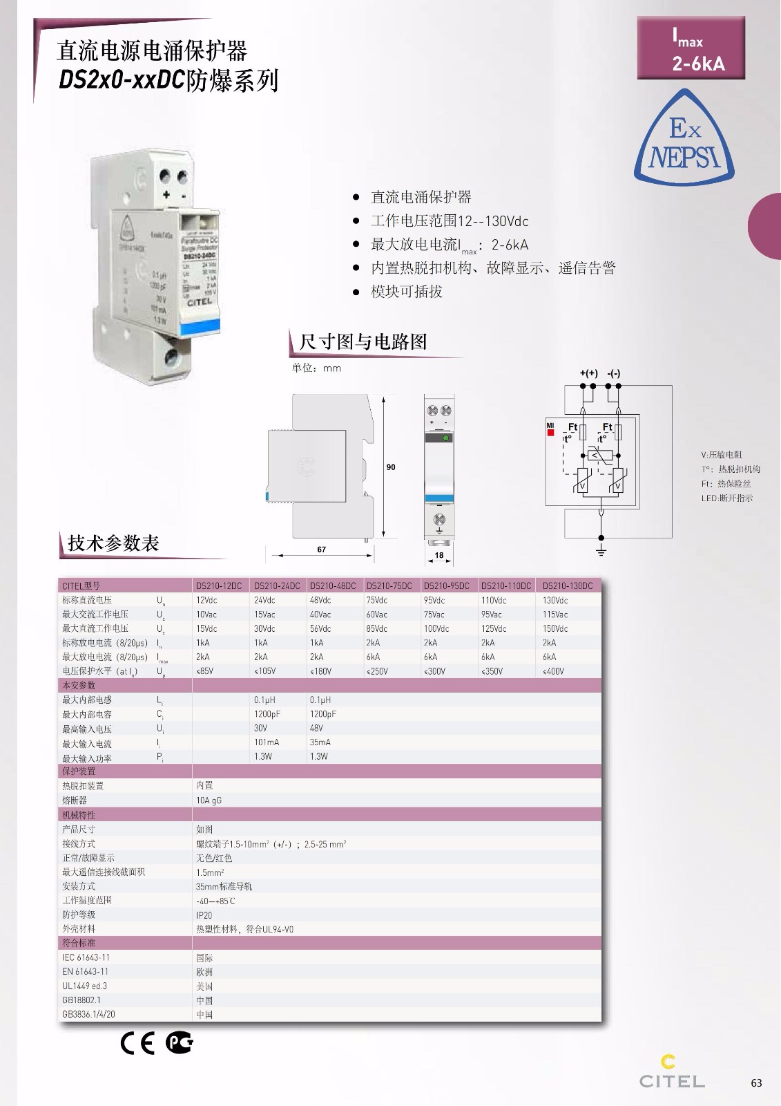 直流防雷器DS50PV-1000-30系列技術(shù)參數(shù)、規(guī)格尺寸